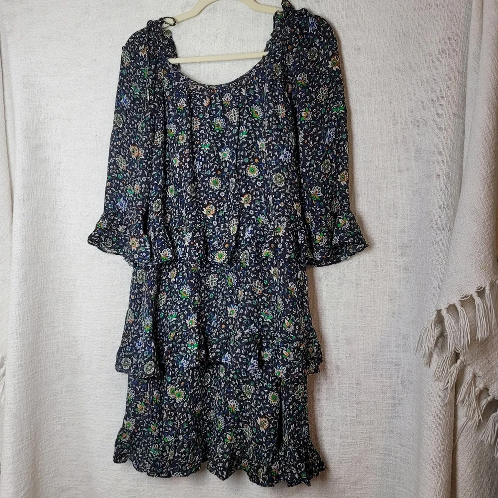 Tory Burch 100% Silk Printed Ruffle Dress Green Floral Size 2 Boho